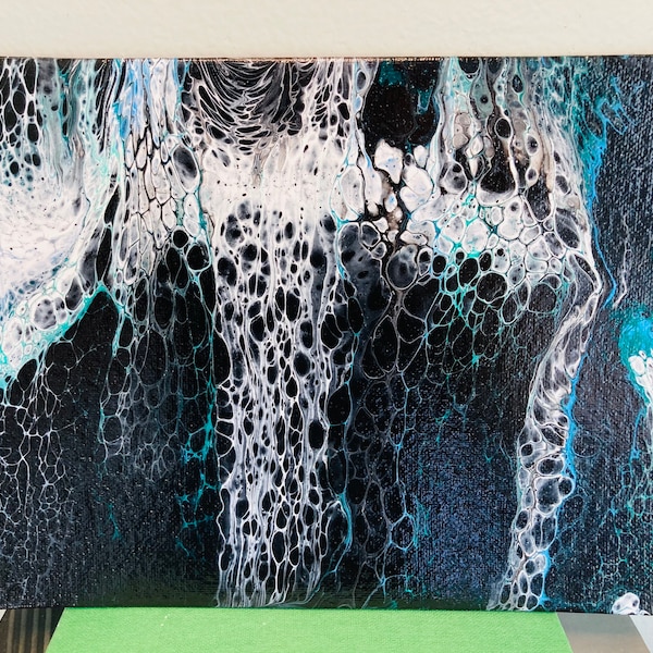 Northern Lights Acrylic Pour Painting on a small canvas board with glittery colors