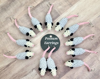 Possum Earrings, Crochet Opossum, Stuffed Plushies, Crocheted Jewelry, Cottagecore, Weird Earrings, Birthday or Christmas Gift