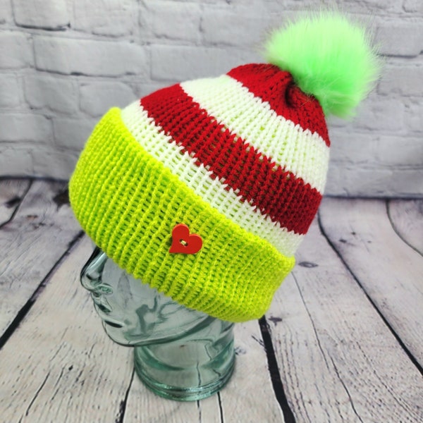 The Grinch Who Stole Christmas Hat, Knit Grinch Beanie, Christmas Accessories, Holiday Beanie, Grinchy Green Hat, Fun Holiday Gift