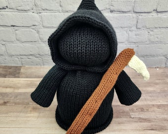 Knit Grim Reaper, Large Grim Reaper Plushie with Scythe, Halloween Gift, Spooky Cute
