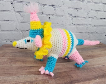 Crochet Clown Possum Plush, Opossum Plushie, Possum Decor, Birthday Gift, Weird Toy, Christmas Gift, Circus, Possum with Party Hat