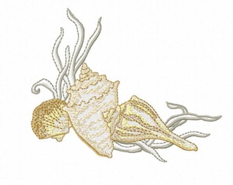 Seashells Machine Embroidery Design - Conch Shells and Coral - Instant Digital Download