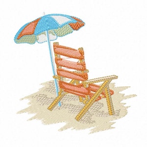 Beach Chair with Umbrella on a Beach Machine Embroidery Design 3 Sizes - Instant Digital Download