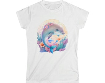 Dolphin Watercolor Graphic Women's Softstyle Tee 3 Colors 5 Sizes