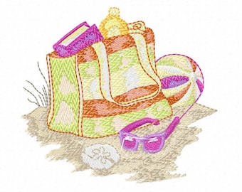 Beach Bag on a Beach Machine Embroidery Design - Instant Digital Download