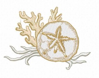 Seashells Machine Embroidery Design - Sand Dollar and Coral - Instant Digital Download