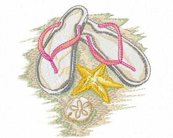 Flip Flops on a Beach 3 Sizes - Machine Embroidery Beach Design - Digital Download Embroidery File