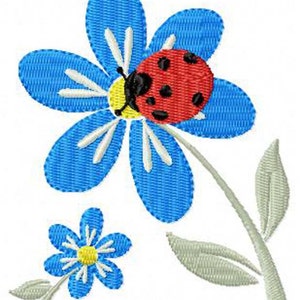 May include: A red ladybug with black spots sits on a blue flower with white accents. A smaller blue flower with a yellow center is on a green stem with leaves.