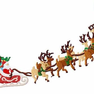 May include: A red and white sleigh with Santa Claus and a Christmas tree inside, pulled by a line of brown reindeer with green holly wreaths around their antlers.