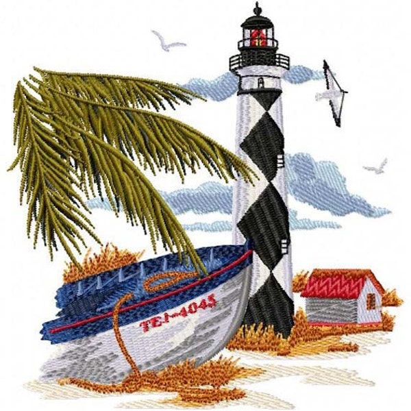 Lighthouse with a Beached Boat Machine Embroidery Design - Instant Digital Download Embroidery File