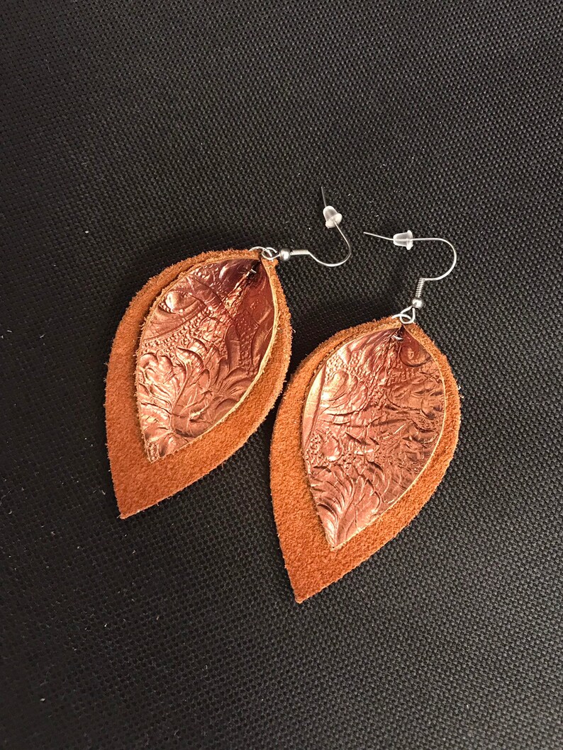 Genuine Leather Earrings Copper and Rust colored Petal Etsy