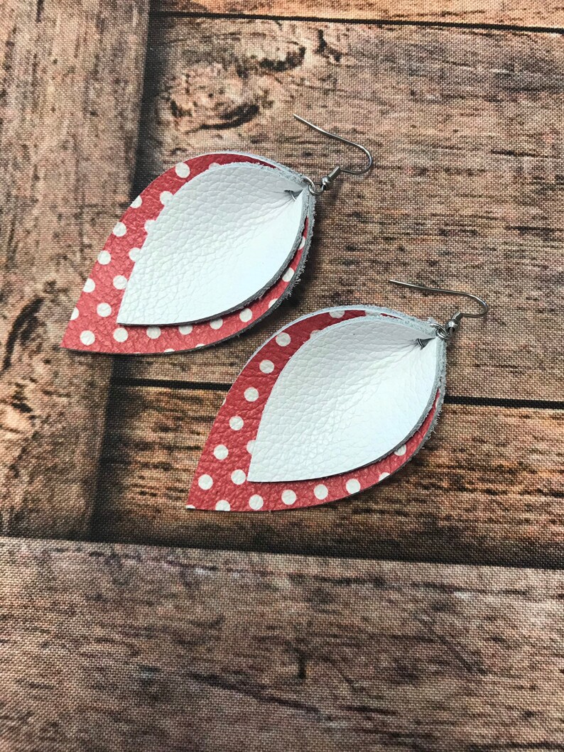 Red and white polka dots Gifts for Her Genuine Leather Earrings Lightweight Earrings Christmas Earring Stocking Stuffer Holiday Gifts
