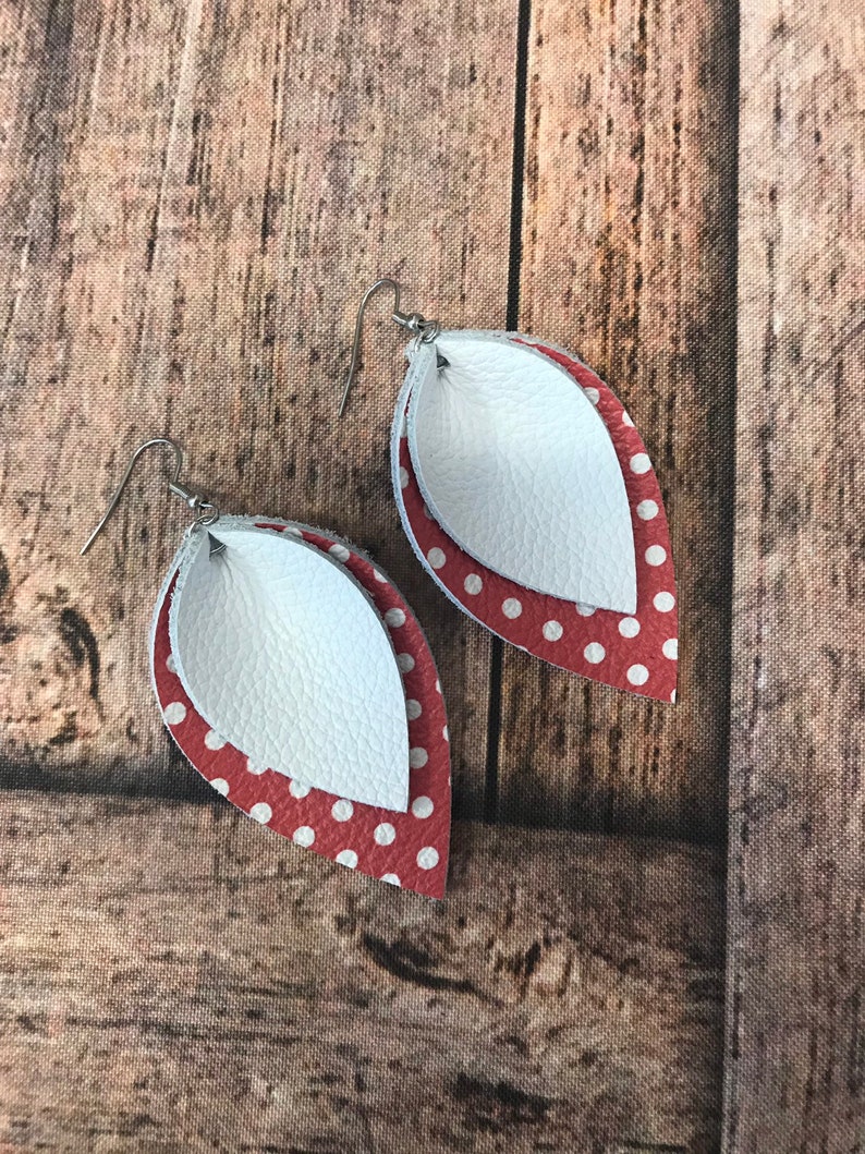 Red and white polka dots Gifts for Her Genuine Leather Earrings Lightweight Earrings Christmas Earring Stocking Stuffer Holiday Gifts