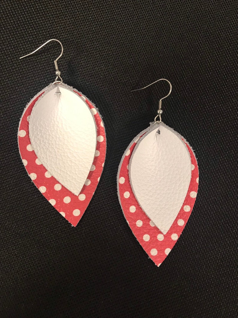 Red and white polka dots Gifts for Her Genuine Leather Earrings Lightweight Earrings Christmas Earring Stocking Stuffer Holiday Gifts