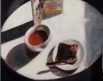 Café interieur, olieverfschilderij origineel, kopje soep schilderij, tomaat soep olieverfschilderij, voedsel kunst,