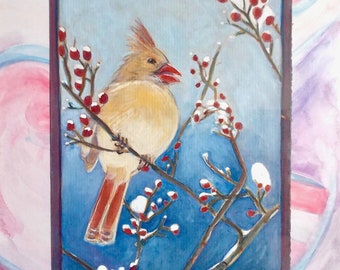 Gouache painting, bird painting, original bird painting, Cardinal bird, unframed art,
