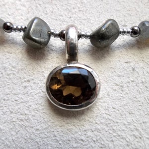 smokey topaz necklace, topaz and pyrite jewelry, topaz beaded necklace, modern nouveau, chic