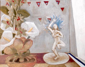 Gouache schilderkunst, kleine originele dakini schilderen, gouache dakini schilderen, dansen dakini, grafsteen kunst
