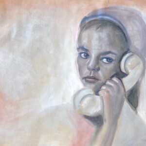 gouache painting, original gouache woman portrait, woman on phone, gouache on paper, phone art