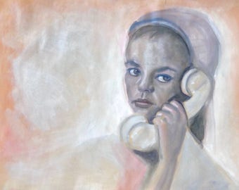 gouache painting, original gouache woman portrait, woman on phone, gouache on paper, phone art