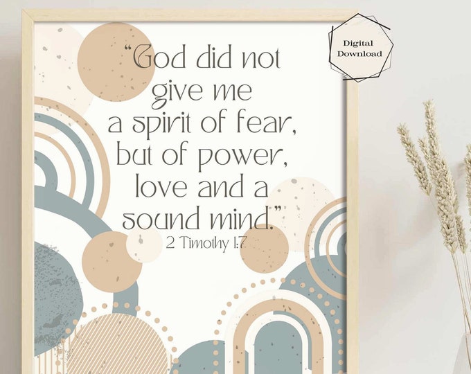 Boho Bible Verse Printable Wall Art, Digital Download, Inspirational Religious Art Print, Boho Dorm Print, 2 Timothy 1:7 | Gift For Her