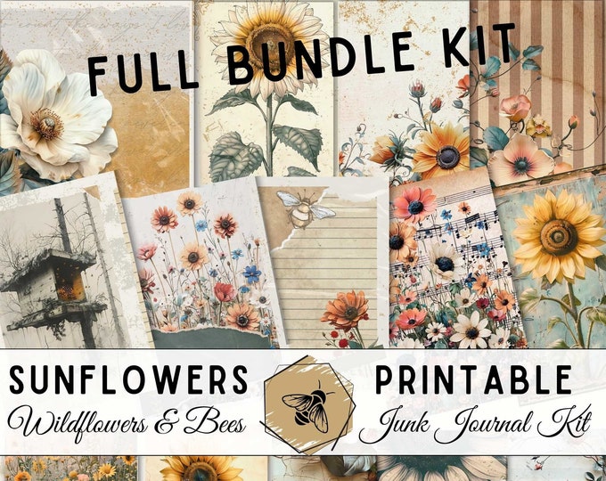 Sunflowers and Bees Junk Journal Kit | Vintage Wildflowers | Full Printable Journal Kit | Digital Download | Bundle Kit | Ephemera Cards