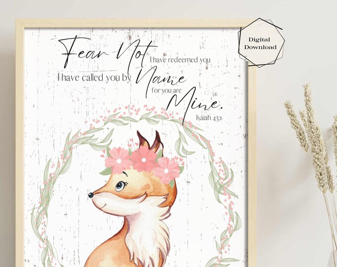 Watercolor Fox Art Print, Inspirational Isaiah Bible Verse, Nursery Wall Decor, Floral Animal Digital Download, Baby Shower Gift