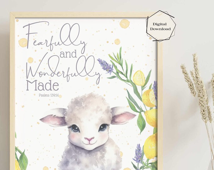 Watercolor Lamb Nursery Wall Art Print, Bible Verse Digital Download, Wonderfully Made Psalm 139, Citrus and Lavender, Baby Lamb