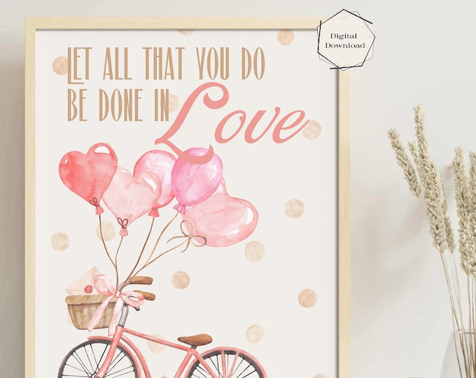 Watercolor Bicycle Bible Verse Printable Art, Love Wall Art, Watercolor Heart Balloons, Digital Download,Inspirational Religious Home Decor