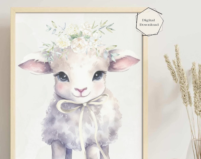 Watercolor Baby Lamb Print, Nursery Decor, Farm Animal Wall Art, Digital Download, Kids Room Printable, Cute Lamb Floral Crown Illustration