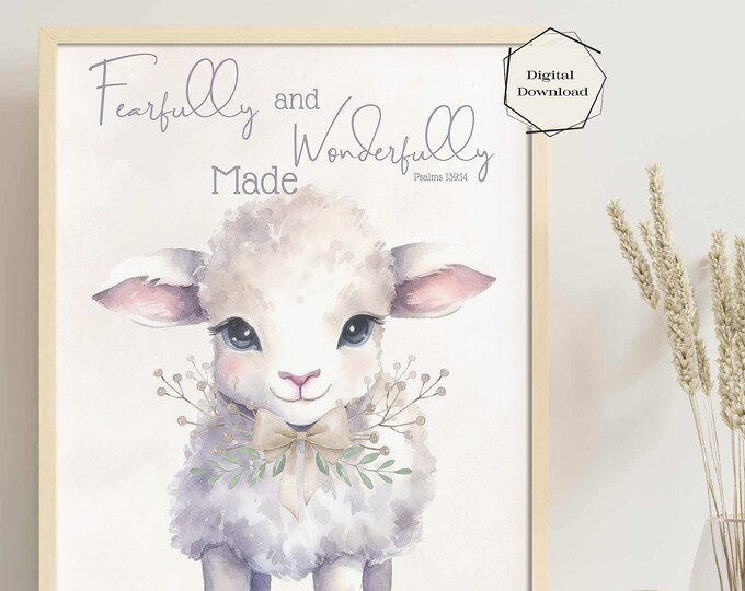 Baby Lamb Watercolor Nursery Bible Verse Printable Wall Art, Psalm 139 Print, Christian Baby Room Decor, Fearfully Wonderfully Made,