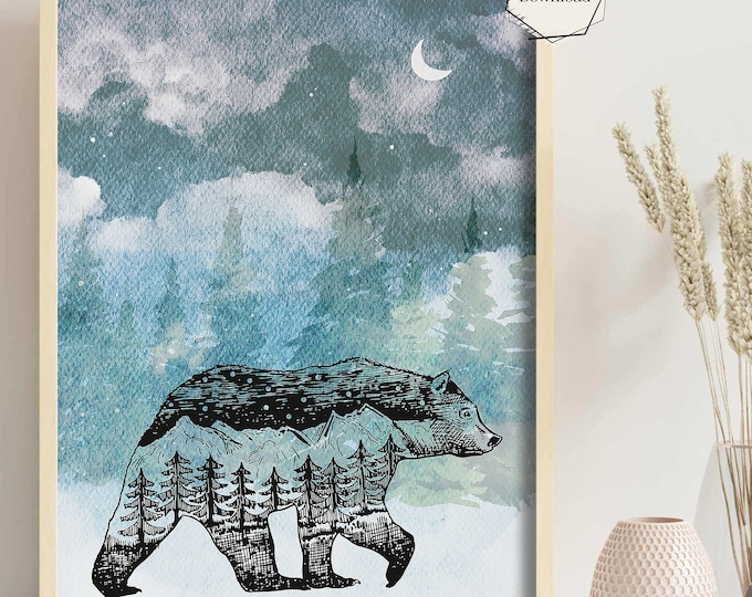 Bear in a Forest Printable Wall Art, Digital Download, Watercolor Night Sky, Woodland Animal Print, Nature Inspired Room Decor