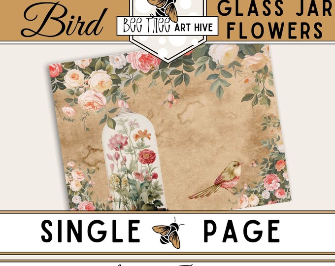 Flower Garden Scrapbook Paper, Floral Digital Paper, Glass Jar Flower Garden and Bird Paper, Vintage Floral Decorative Paper, Scrapbooking