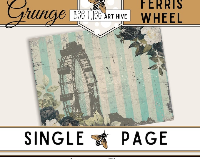 Circus Scrapbook Paper, Ferris Wheel Digital Paper, Vintage Distressed Striped Decorative Paper, Carnival Circus Scrapbooking, Black Flowers