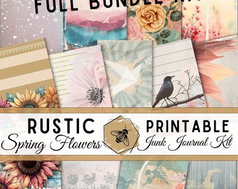 May include: A printable junk journal kit with a rustic theme featuring spring flowers. The kit includes a variety of papers with different patterns and designs, including sunflowers, birds, and floral motifs. The kit is perfect for creating unique and personalised journals.