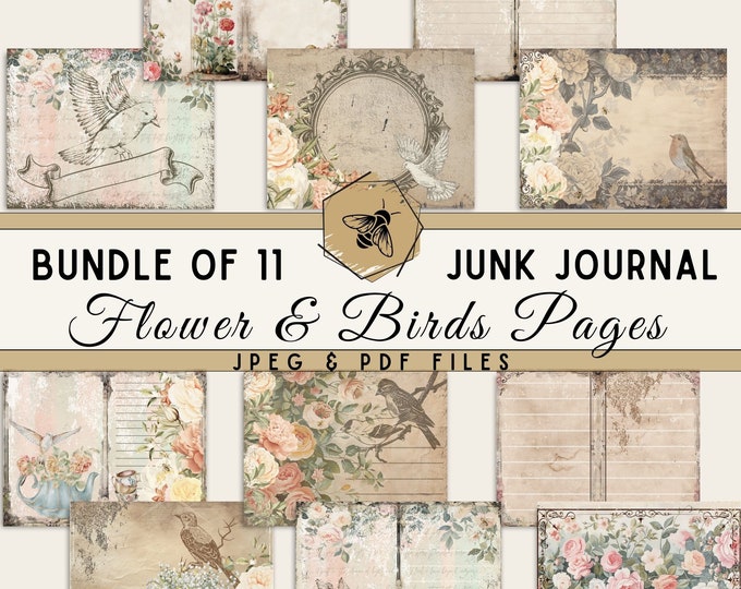 Bird and Floral Junk Journal Printable | Romantic Flower Paper | Bird Journal Pages Bundle | Printable Digital Paper| JPEG PDF Files