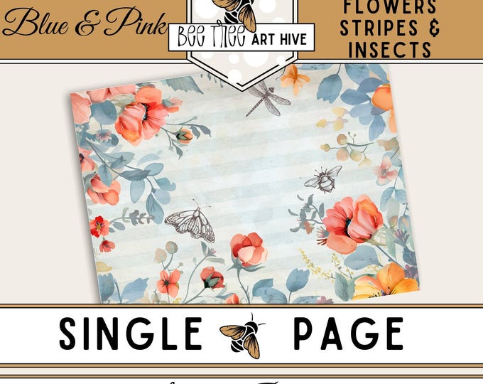 Watercolor Flower Scrapbook Paper, Blue Stripes Digital Paper, Butterfly, Firefly, Bee Collage Decorative Paper, Scrapbooking, DIY Crafting