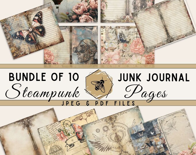 Steampunk Junk Journal Pages | Vintage Grunge Floral Printable | Digital download | Scrapbook paper | JPG and PDF Files | 10 Page Bundle
