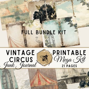 May include: Vintage Circus Junk Journal printable mega kit with 21 pages. The kit features a variety of images, including a Ferris wheel, a circus tent, and a carousel. The images are in a vintage style and are perfect for scrapbooking, card making, and other paper crafts.