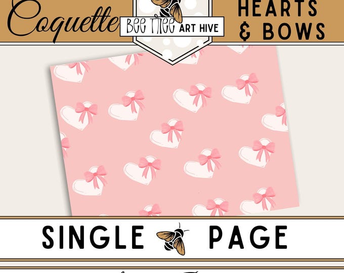 Coquette Pink Bows and Hearts Scrapbook Paper, Heart Pattern Digital Paper, Whimsical, Pastel Pink Decorative Paper, Coquette Scrapbooking