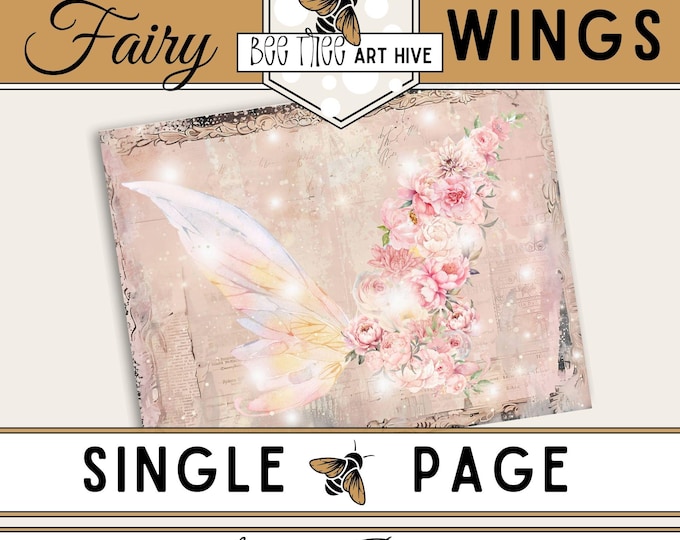 Fairy Wings Scrapbook Paper, Flower Fairy Wing Digital Paper, Magical Pink Floral Decorative Paper, Fairy Themed Scrapbooking, Vintage Paper