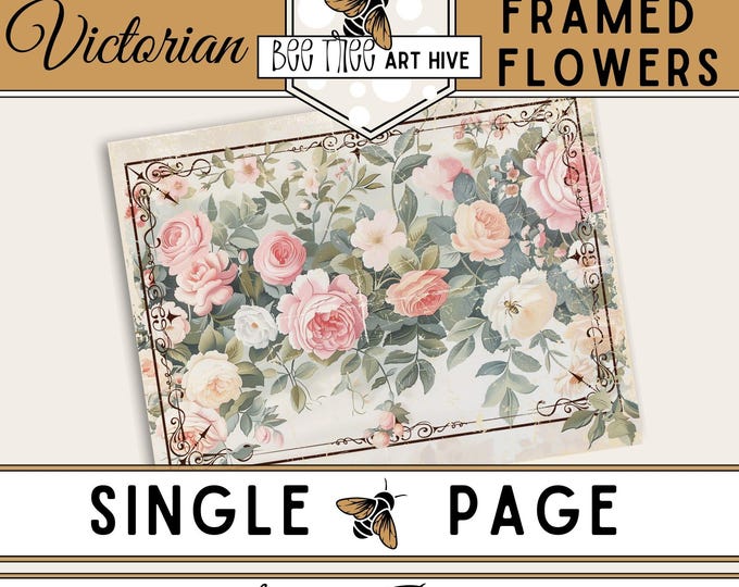 Romantic Flower Scrapbook Paper, Victorian Floral Digital Paper, Distressed Delicate Frame Decorative Paper, Printable Journal Paper