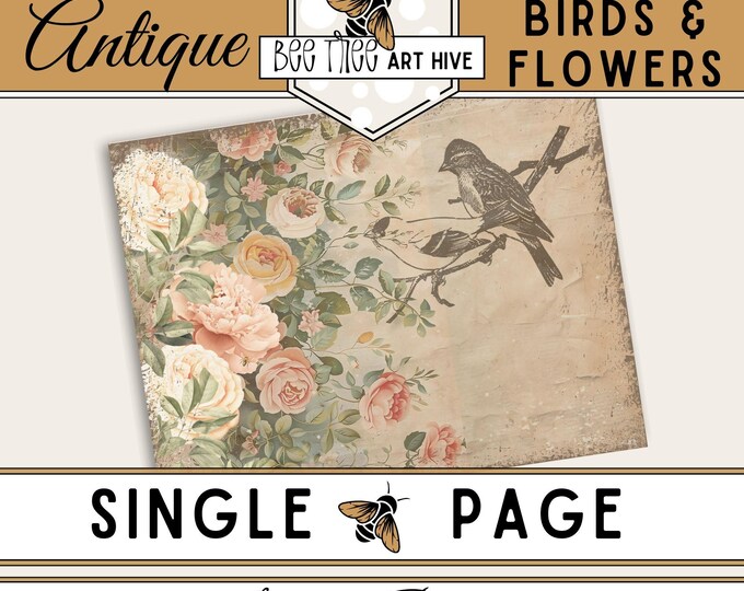 Antique Bird Scrapbook Paper, Rustic Old Paper, Pastel Flower Bouquet, Digital Paper, Distressed Scrapbook Paper, Decorative Paper, DIY