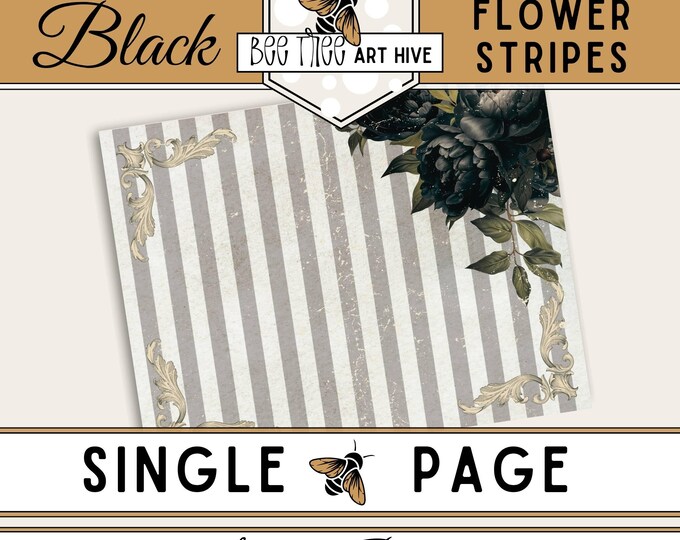 Black Flowers Scrapbook Paper, Floral Digital Paper, Distressed Stripes, Collage Decorative Paper, Vintage Paper, Printable Journal Paper