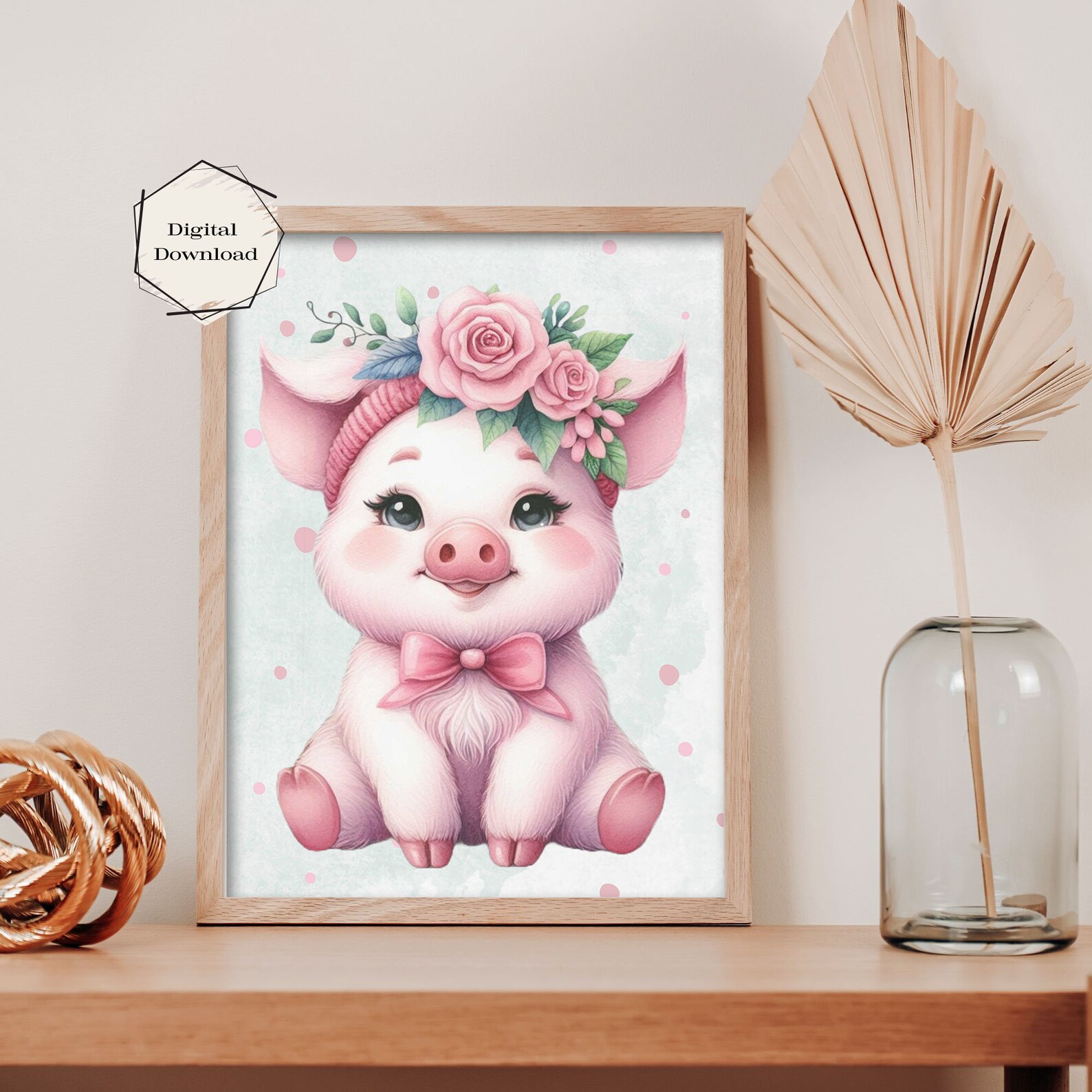 Cute Baby Pig Digital Download, Floral Crown Cartoon Illustration ...