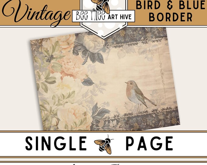 Floral and Bird Scrapbook Paper, Vintage Embellished Blue Border, Romantic Flowers, Digital Paper, Decorative Paper, Rustic Scrapbook Paper