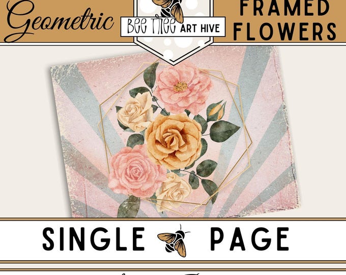 Geometric Frame Flower Scrapbook Paper, Sun Ray Digital Paper |DIY Crafting | Distressed Vintage Collage Paper, Antique Decorative Paper