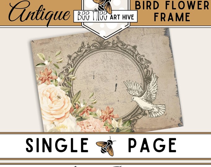 Flower and Bird Scrapbook Paper, Decorative Paper, Digital Paper, Rustic Frame, Vintage Bird, Distressed Journal Paper, Scrapbooking, DIY