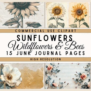 Sunflower & Wildflower Junk Journal Pages: Vintage Bee Ephemera (Digital Download)