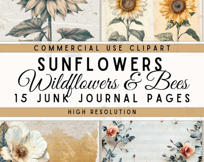 Sunflowers, Wildflowers and Bees Journal Pages, Digital Download, Vintage Pattern, Junk Journal, 15 Page Journal Pages, DIY Crafting